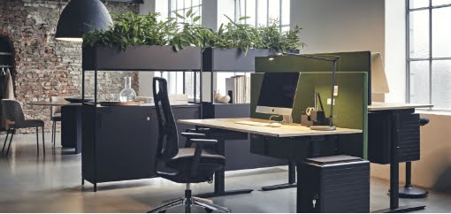 Moderner Arbeitsplatz mit Schallschutzwänden und Pflanzen