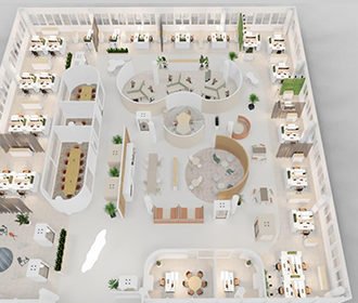 3D Rendering von Büroräumen mit unterschiedlichen Arbeitsmöglichkeiten