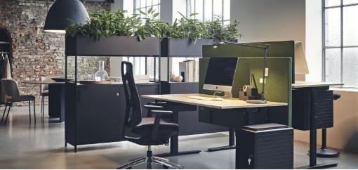 Moderner Arbeitsplatz und Büromöbel mit Schallschutzwänden und Pflanzen