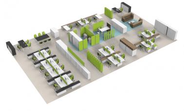 3D Rendering eines Bürokonzept mit verschiedenen Arbeitsplätzen für unterschiedliche Arbeitssituationen