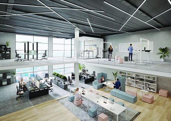Büroplanung einer Aussicht auf das untere und obere Stockwerk eines Büros, auf beiden Etagen befinden sich unterschiedliche Arbeitsmöglichkeiten, von klassischen Arbeitsplätzen über Lounge Einrichtungen, hin zu Gruppenarbeitsmöglichkeiten